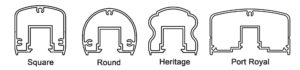 Excell Railing top rail profile drawings for standard glass railings - Square, Round, Heritage, Port Royal